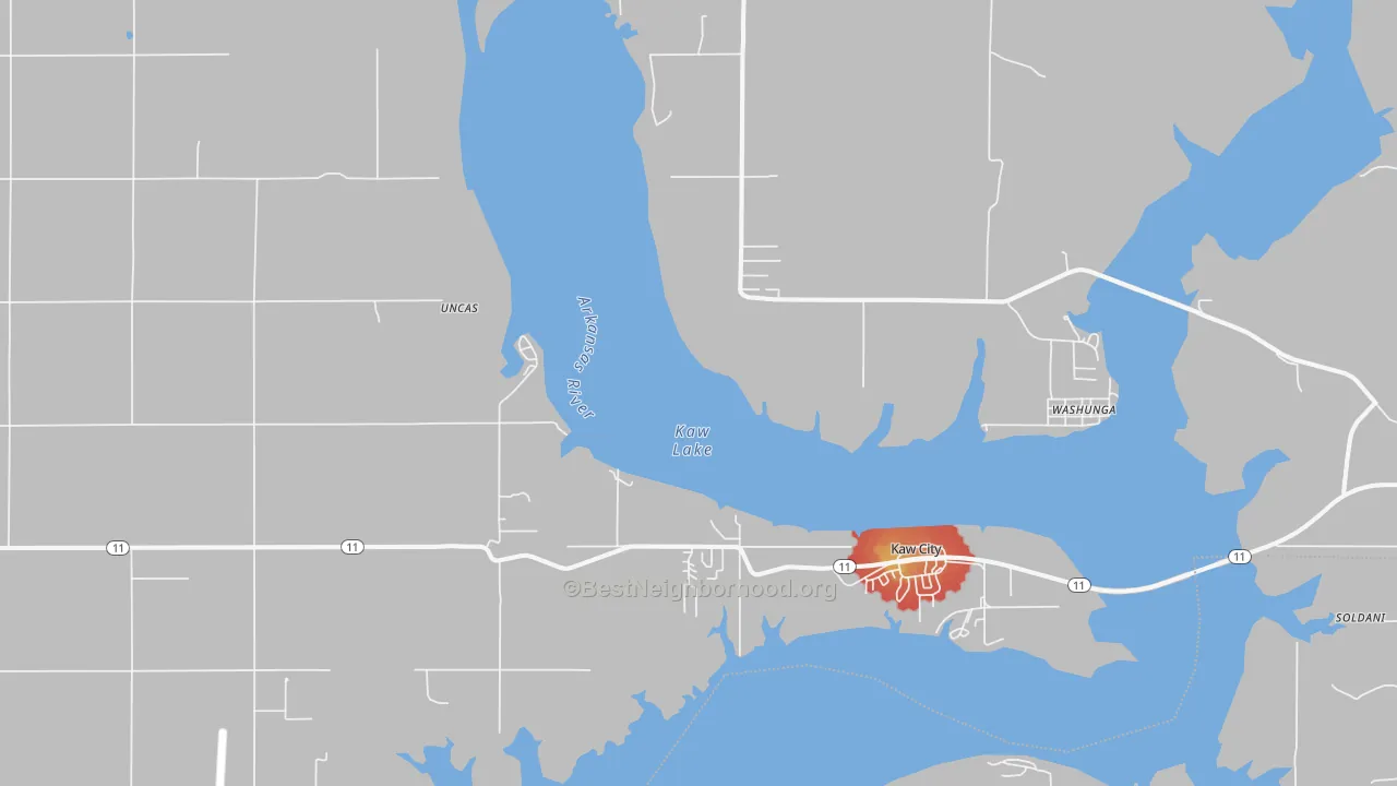 Walk Grade map of Kaw City, OK, walkable areas in green and car-dependent areas in red
