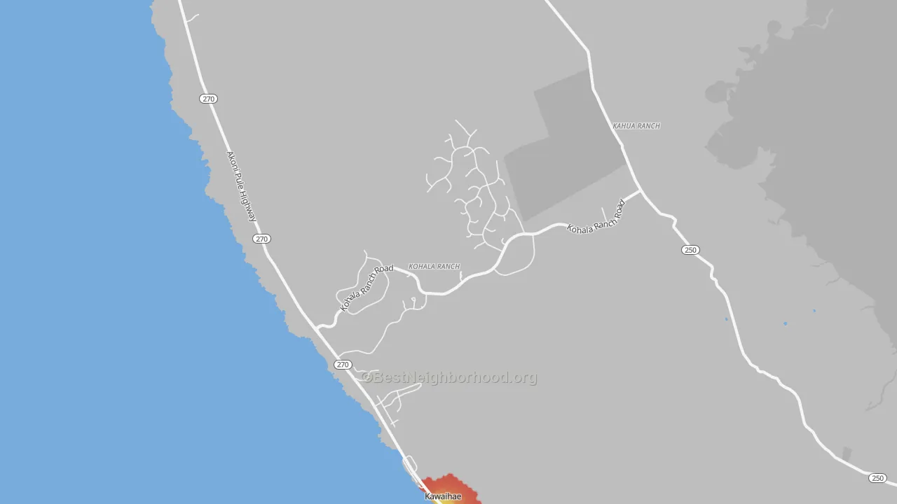 Walk Grade map of Kawaihae, HI, walkable areas in green and car-dependent areas in red