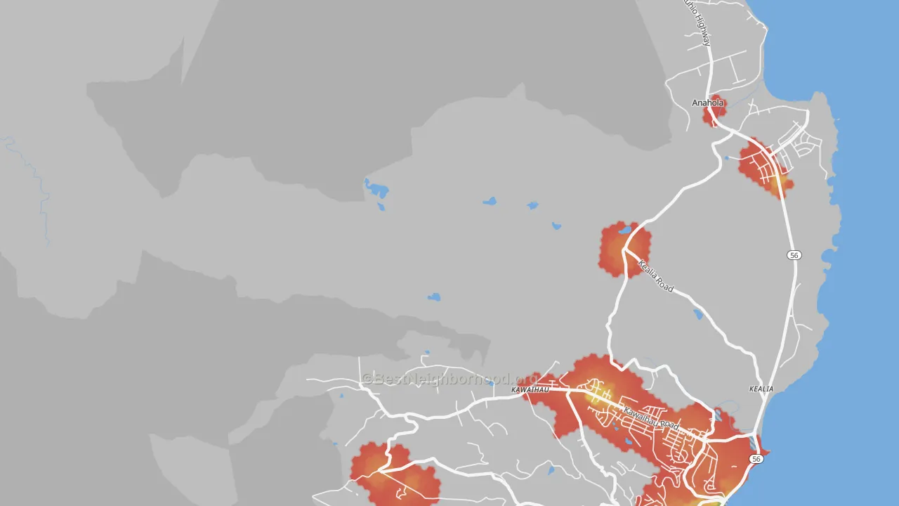 Walk Grade map of Kawaihau, HI, walkable areas in green and car-dependent areas in red