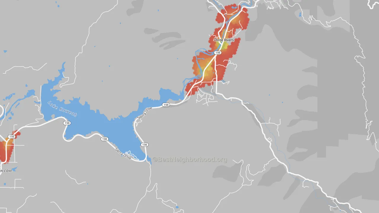 Walk Grade map of Kaweah, CA, walkable areas in green and car-dependent areas in red