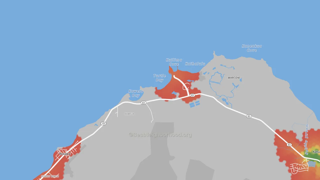 Walk Grade map of Kawela Bay, HI, walkable areas in green and car-dependent areas in red