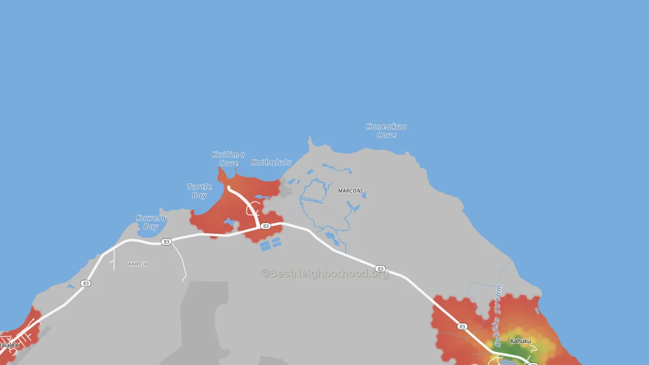 Walk Grade map of Kawela, HI, walkable areas in green and car-dependent areas in red