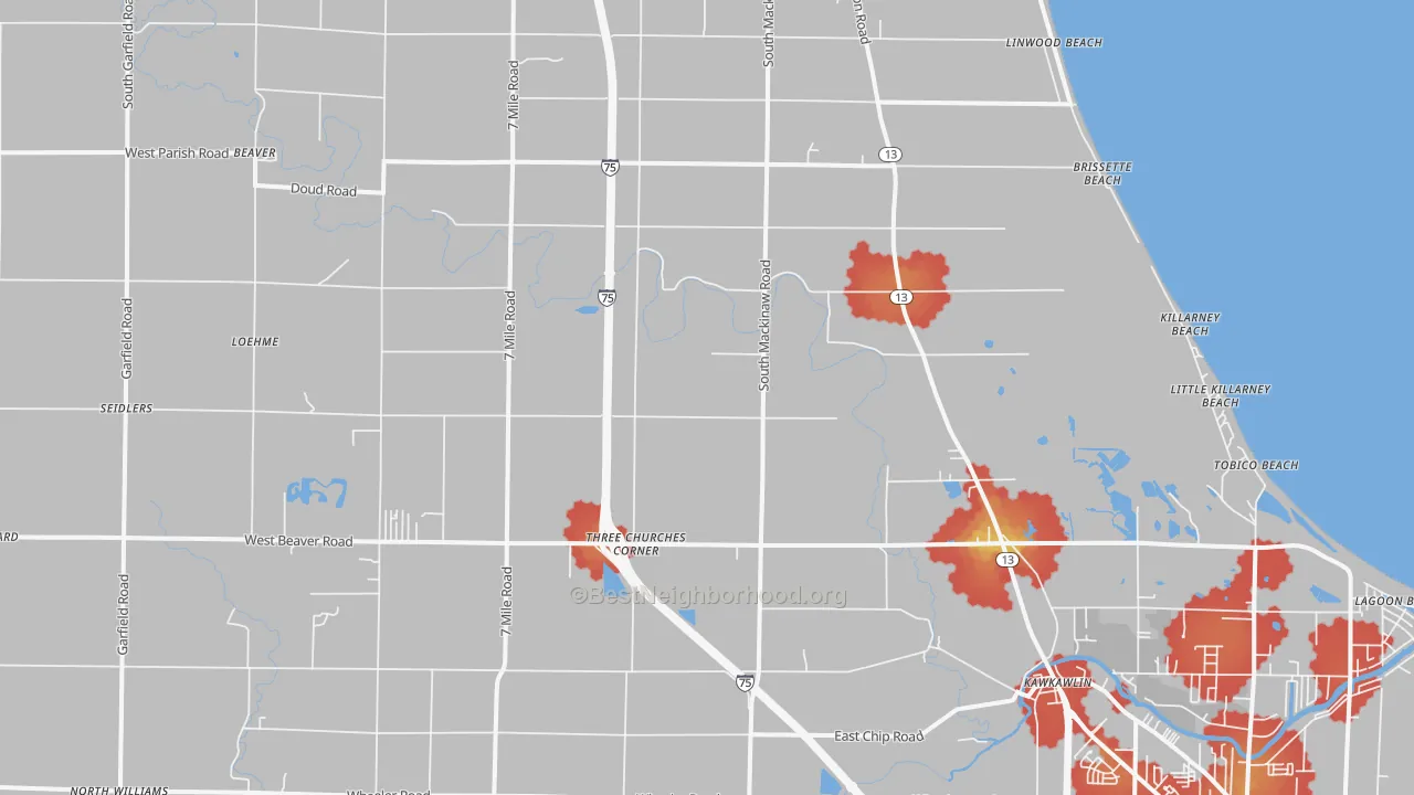 Walk Grade map of Kawkawlin, MI, walkable areas in green and car-dependent areas in red