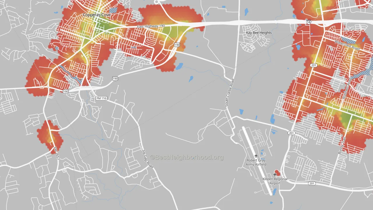 Walk Grade map of Kay Bee Heights, TX, walkable areas in green and car-dependent areas in red