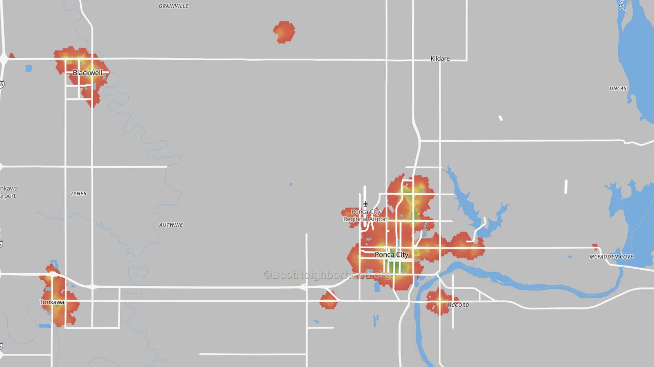 Walk Grade map of Kay County, OK, walkable areas in green and car-dependent areas in red