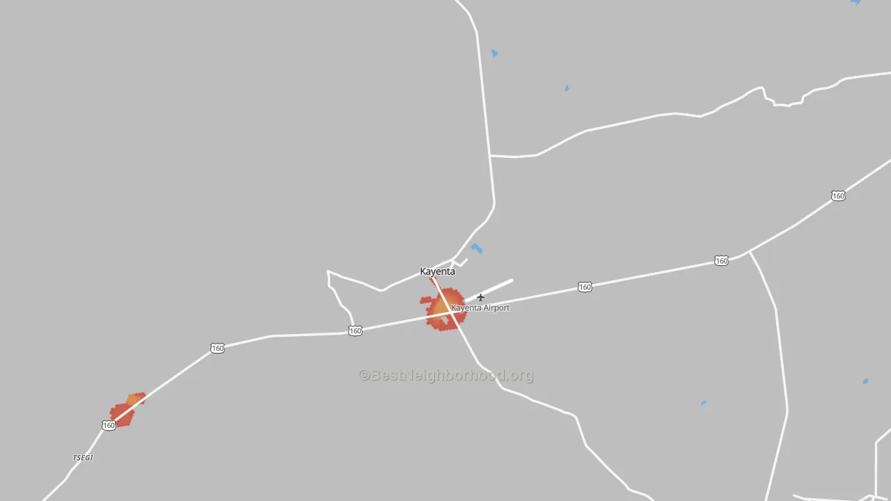 Walk Grade map of Kayenta, AZ, walkable areas in green and car-dependent areas in red