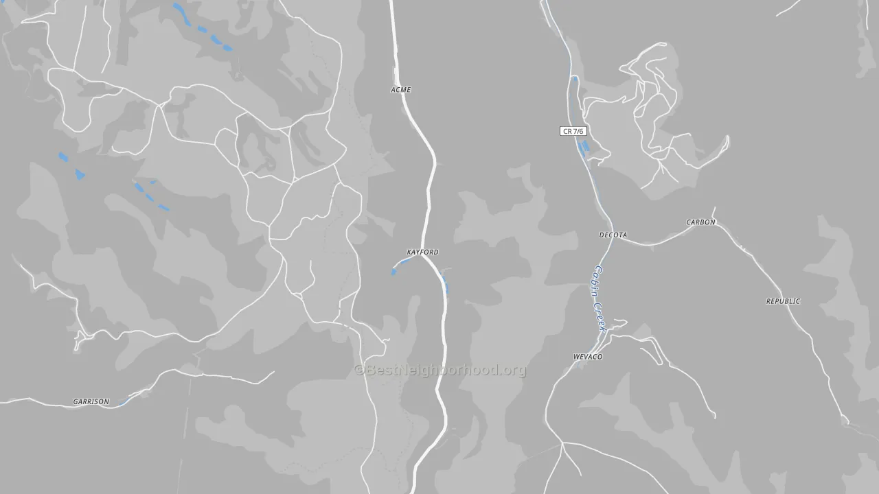 Walk Grade map of Kayford, WV, walkable areas in green and car-dependent areas in red