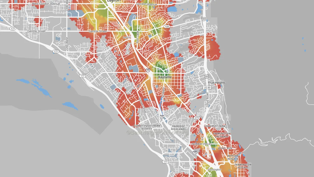 Walk Grade map of Kaysville, UT, walkable areas in green and car-dependent areas in red