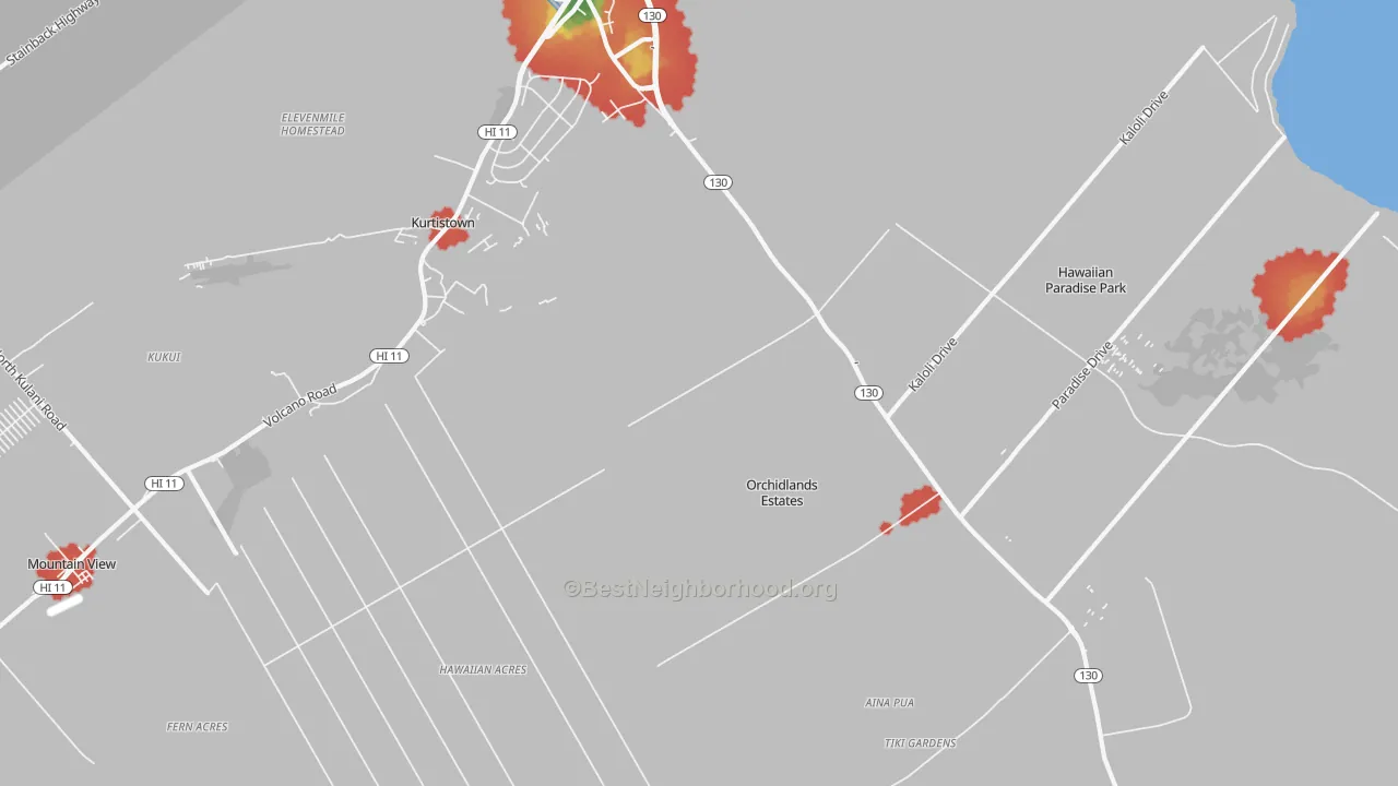 Walk Grade map of Keaau, HI, walkable areas in green and car-dependent areas in red