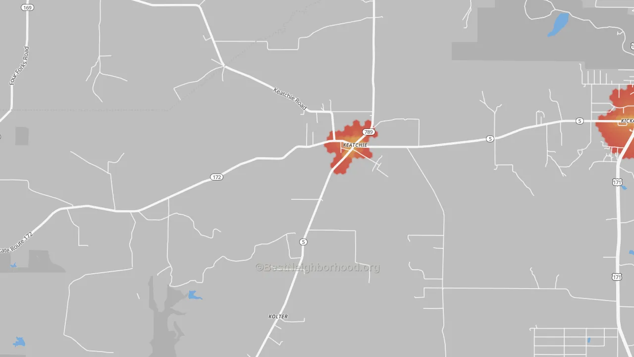 Walk Grade map of Keachi, LA, walkable areas in green and car-dependent areas in red