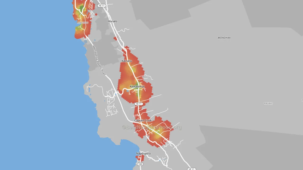 Walk Grade map of Kealakekua, HI, walkable areas in green and car-dependent areas in red