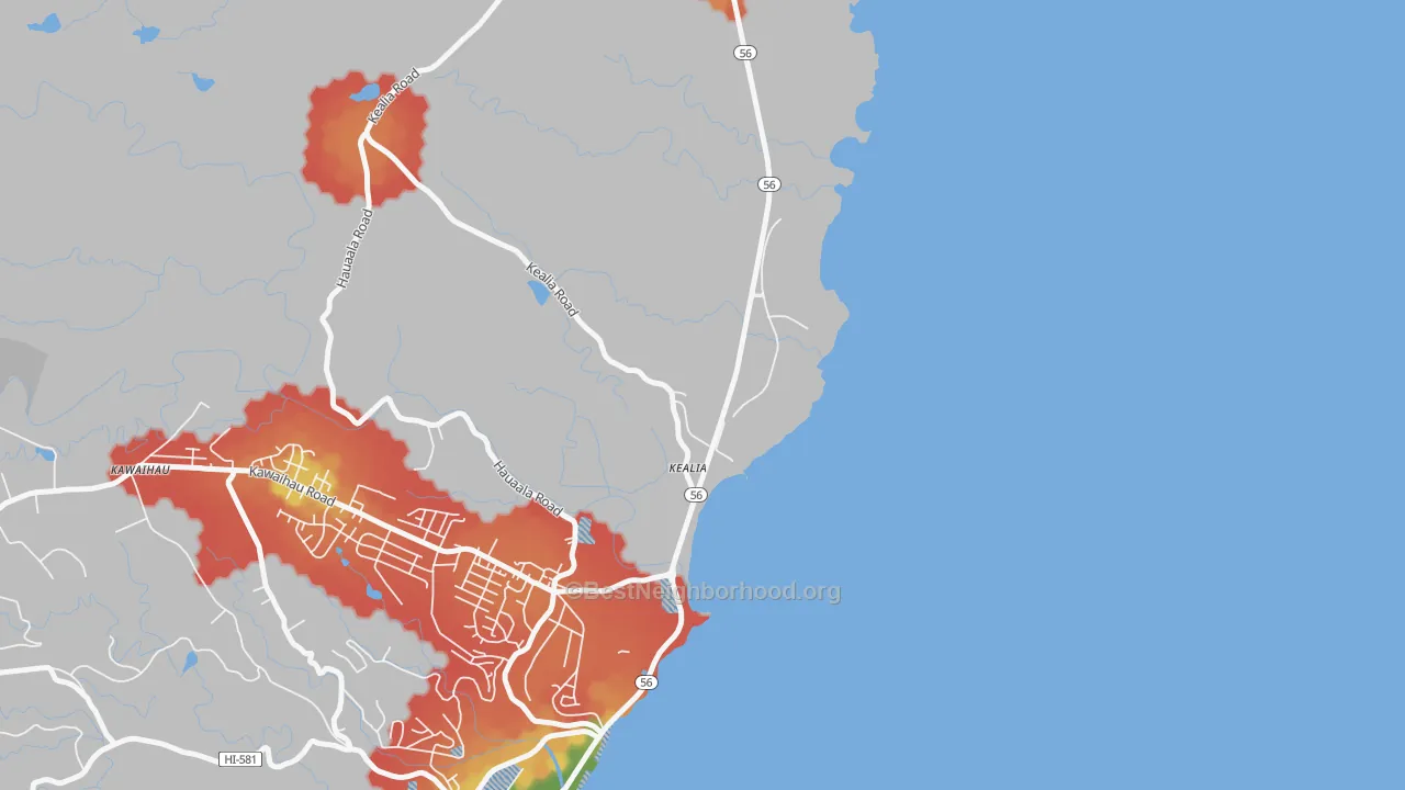 Walk Grade map of Kealia, HI, walkable areas in green and car-dependent areas in red