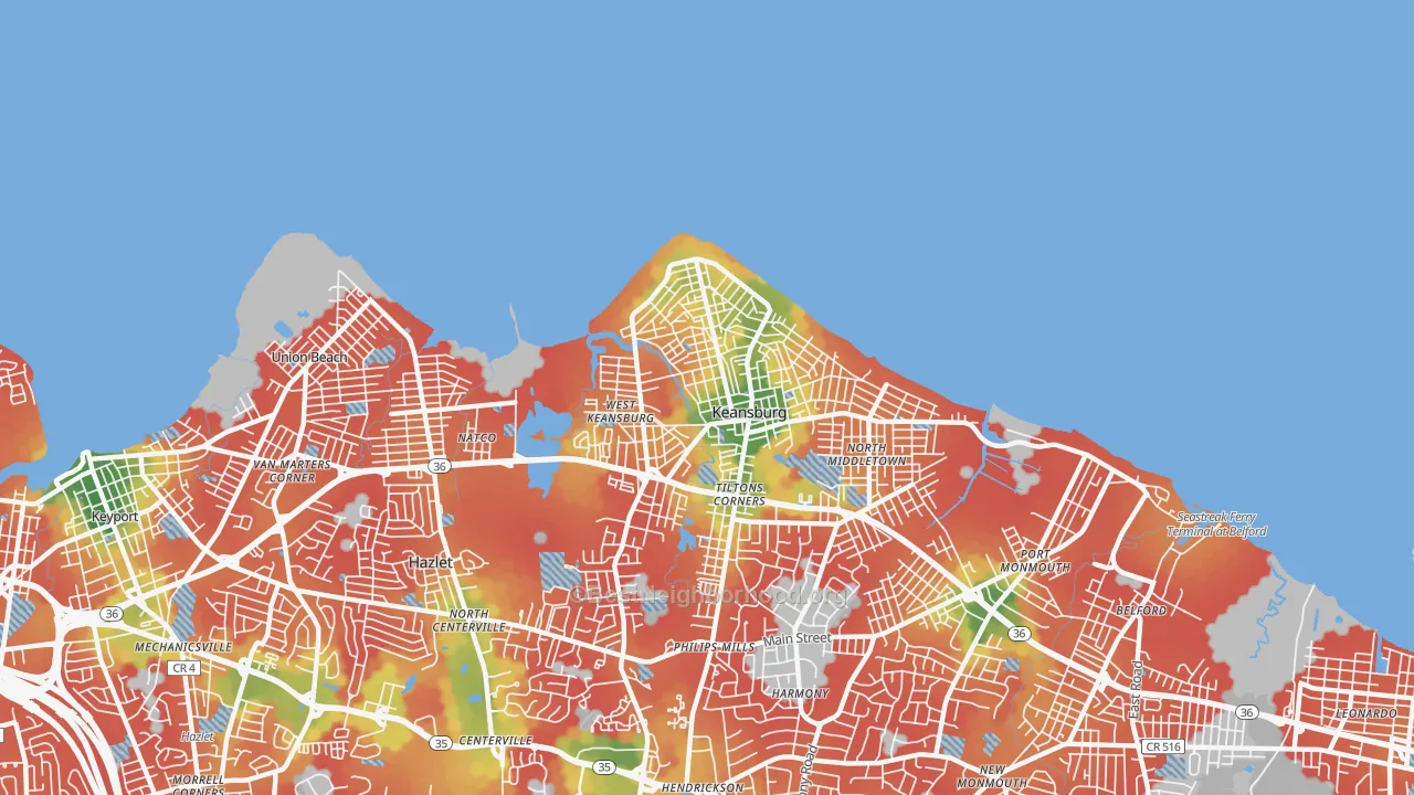 Walk Grade map of Keansburg, NJ, walkable areas in green and car-dependent areas in red