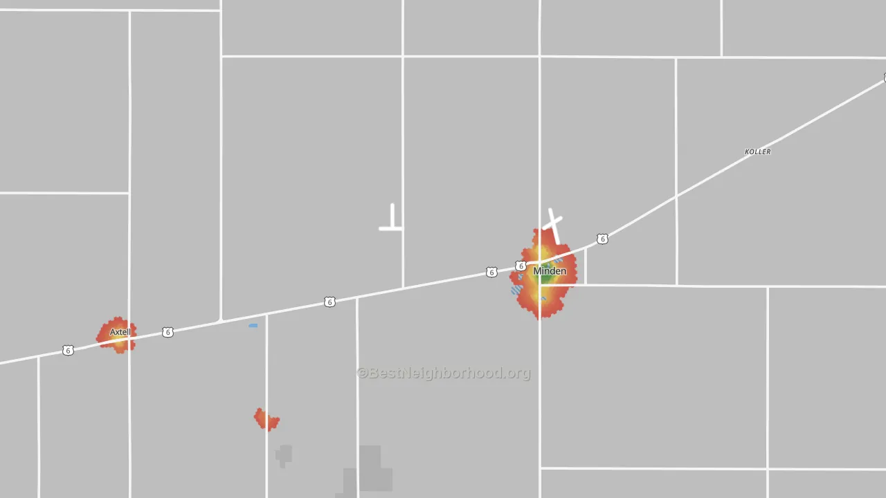 Walk Grade map of Kearney County, NE, walkable areas in green and car-dependent areas in red