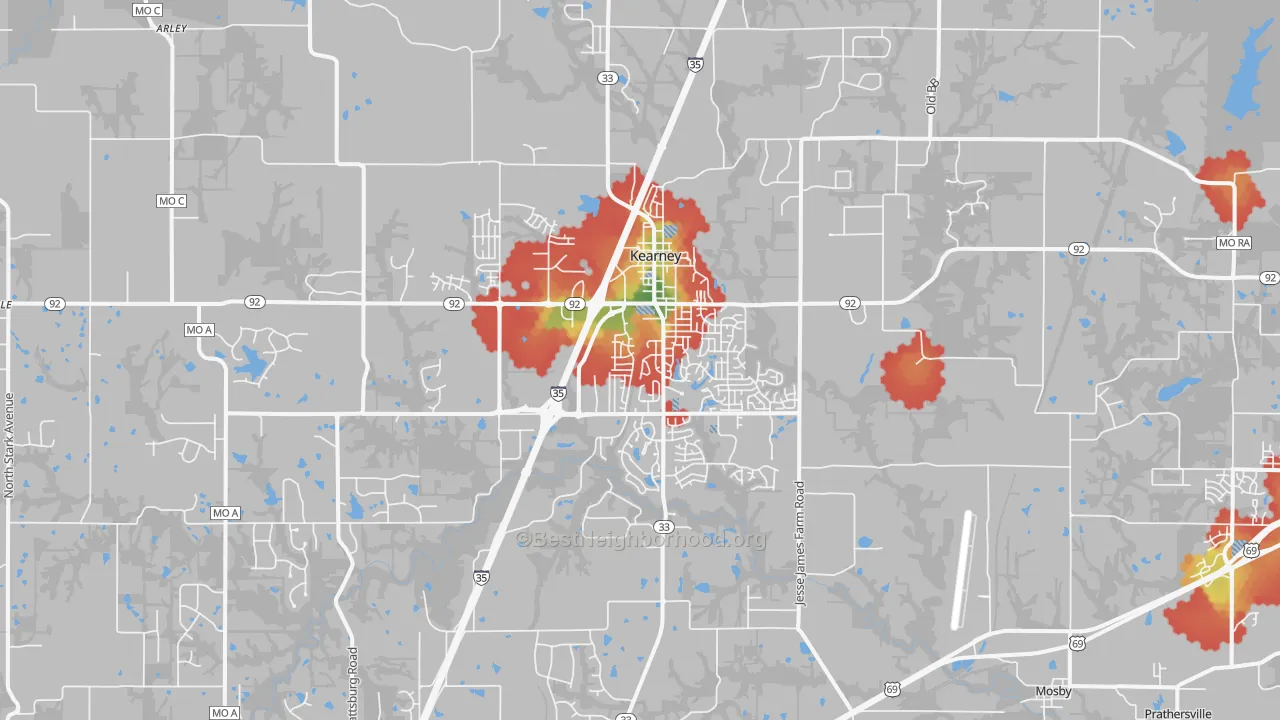Walk Grade map of Kearney, MO, walkable areas in green and car-dependent areas in red