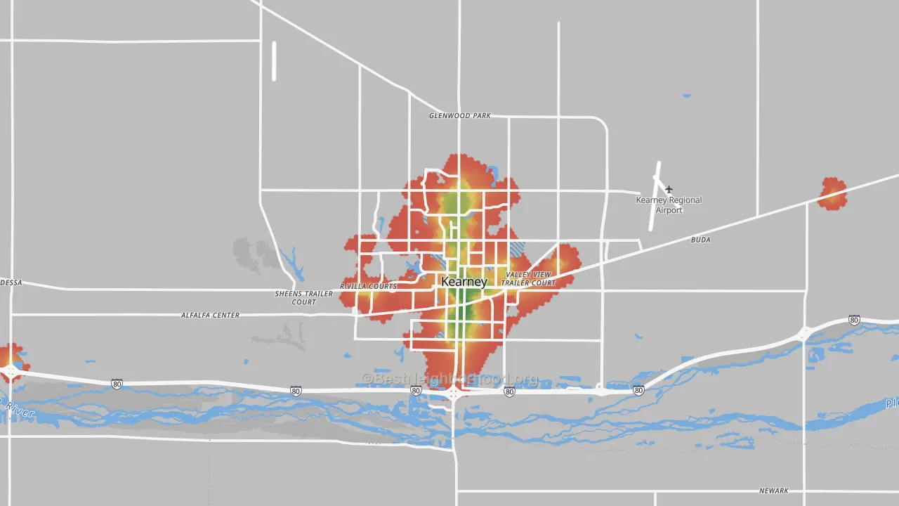 Walk Grade map of Kearney, NE, walkable areas in green and car-dependent areas in red