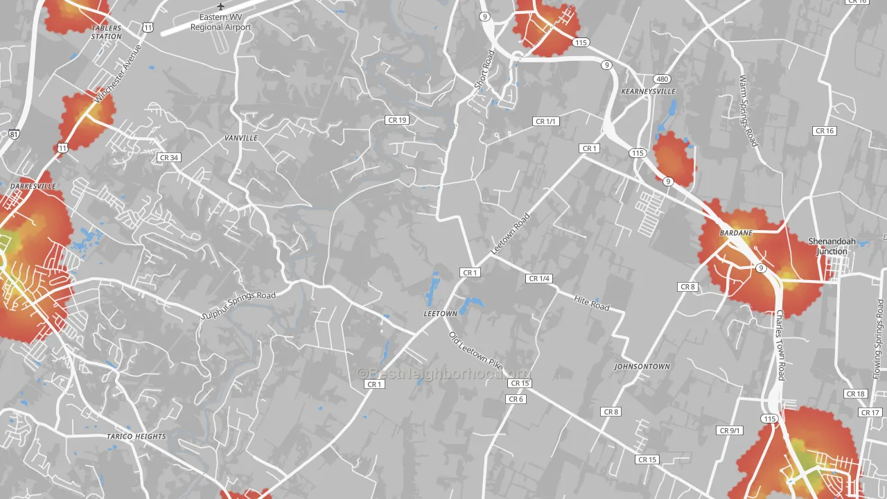 Walk Grade map of Kearneysville, WV, walkable areas in green and car-dependent areas in red