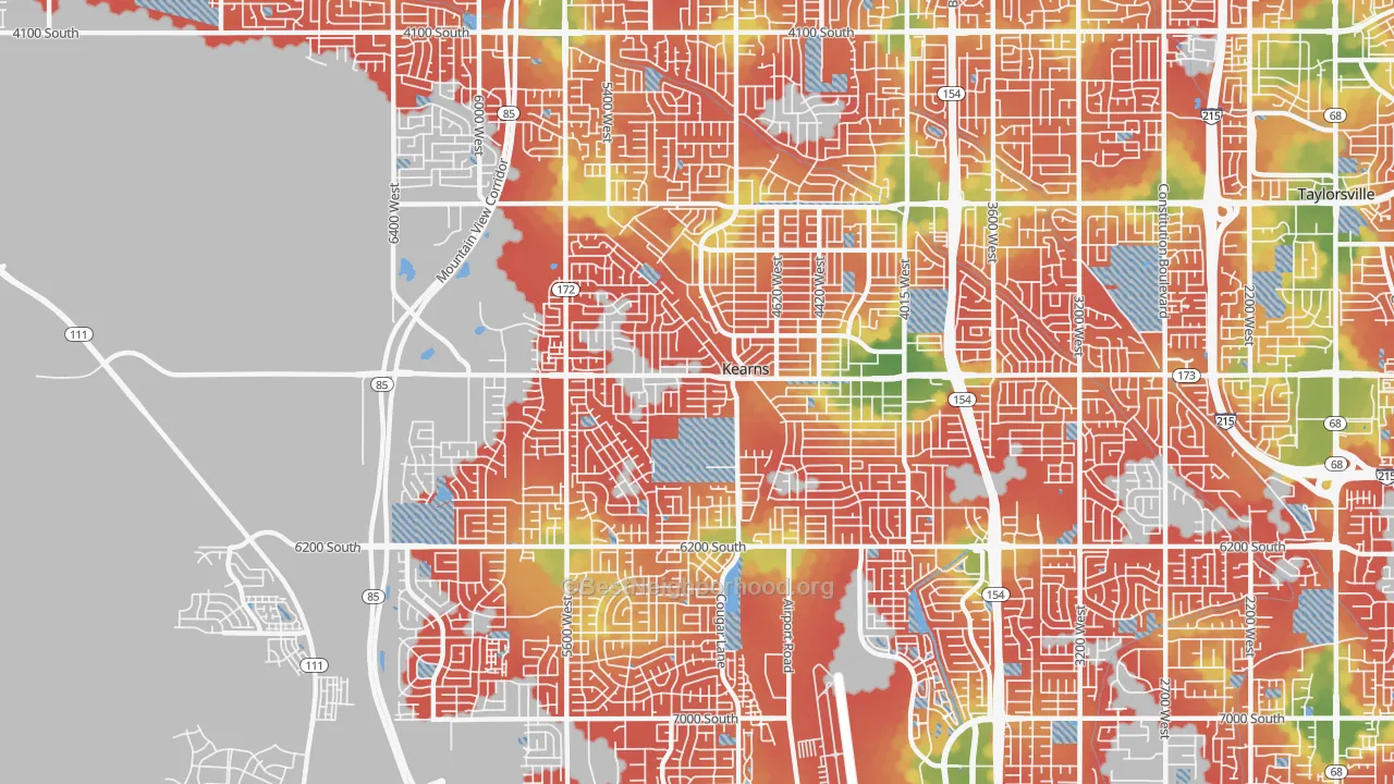 Walk Grade map of Kearns, UT, walkable areas in green and car-dependent areas in red