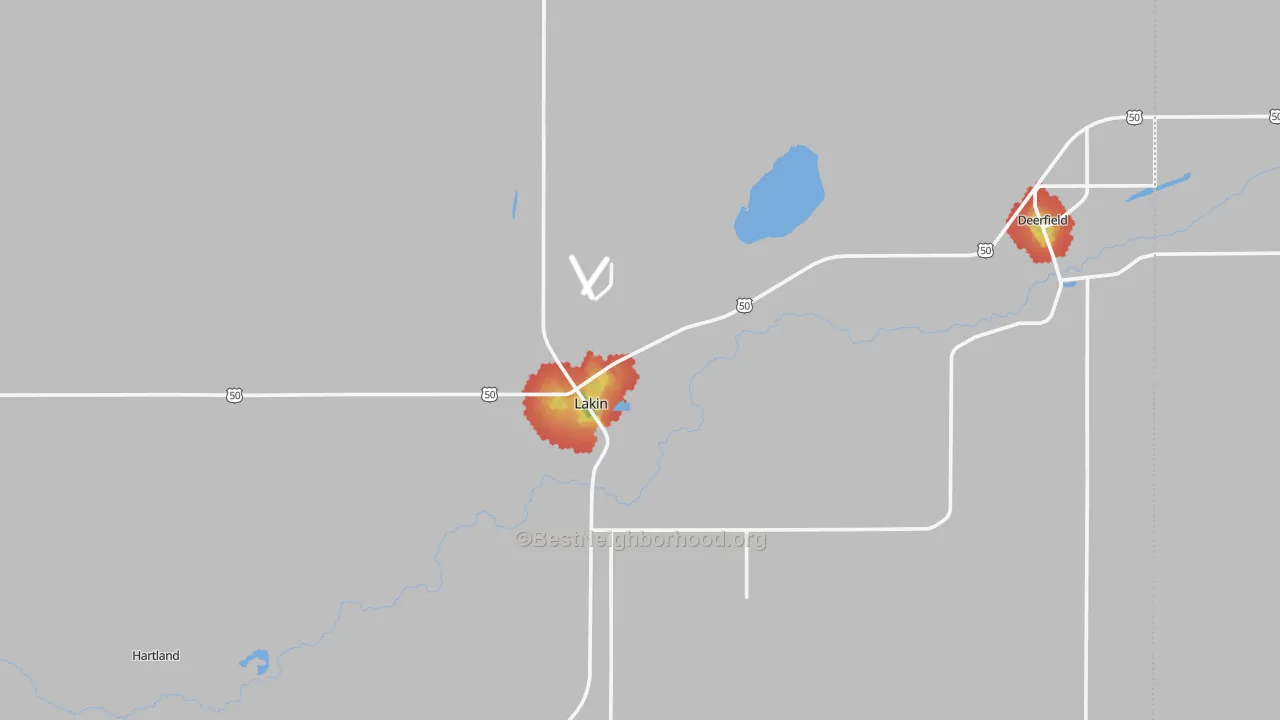 Walk Grade map of Kearny County, KS, walkable areas in green and car-dependent areas in red