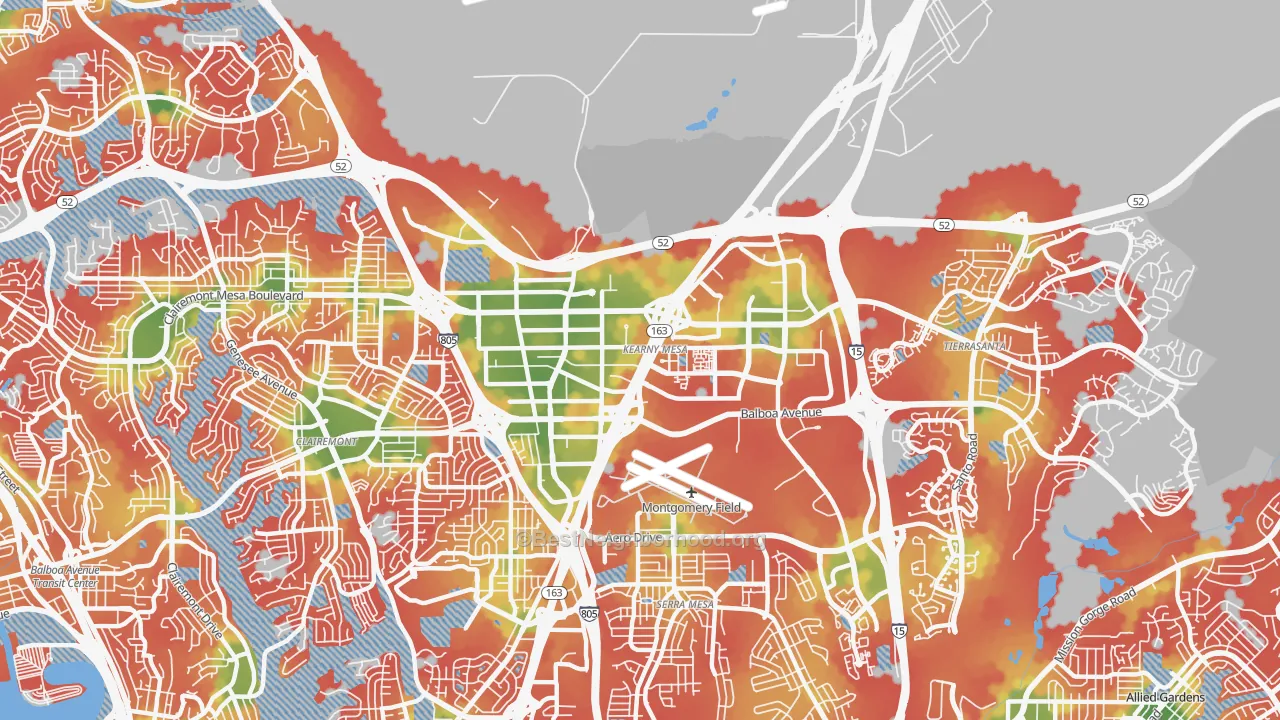 Walk Grade map of Kearny Mesa, San Diego, CA, walkable areas in green and car-dependent areas in red