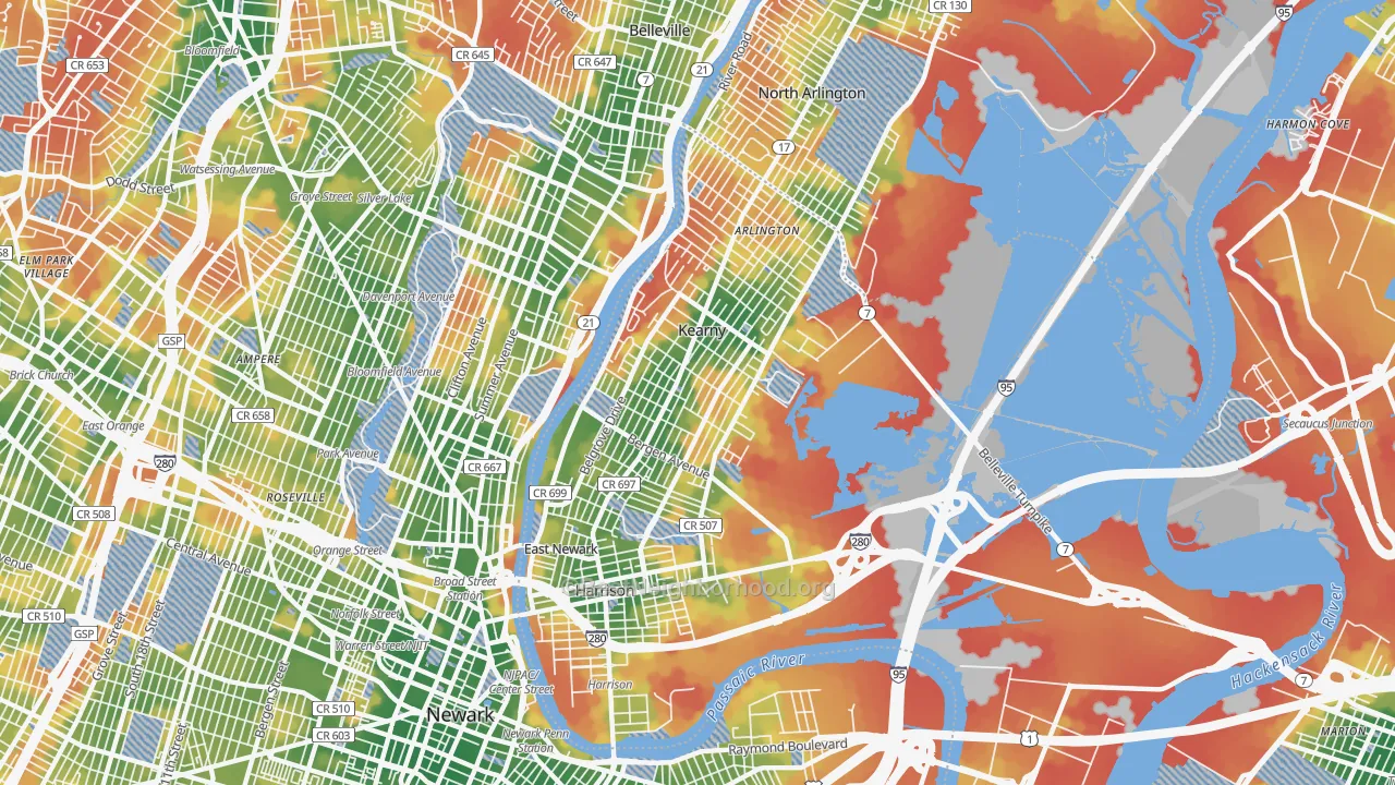 Walk Grade map of Kearny, NJ, walkable areas in green and car-dependent areas in red