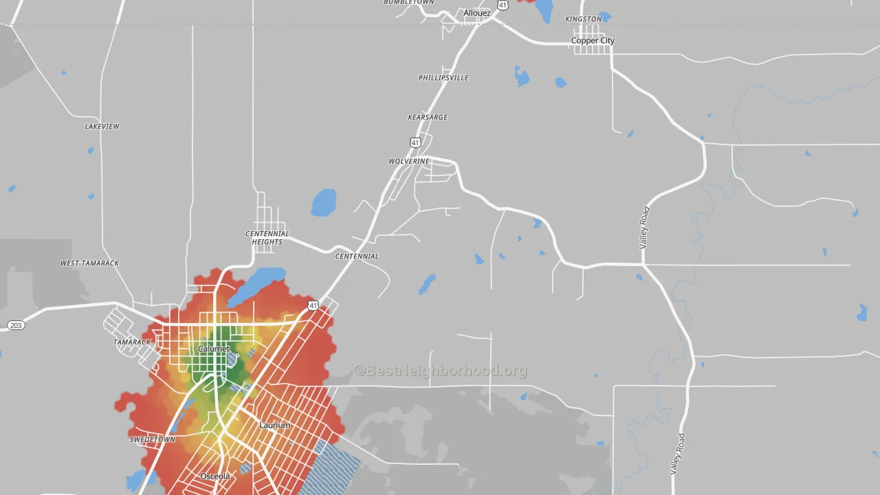 Walk Grade map of Kearsarge, MI, walkable areas in green and car-dependent areas in red