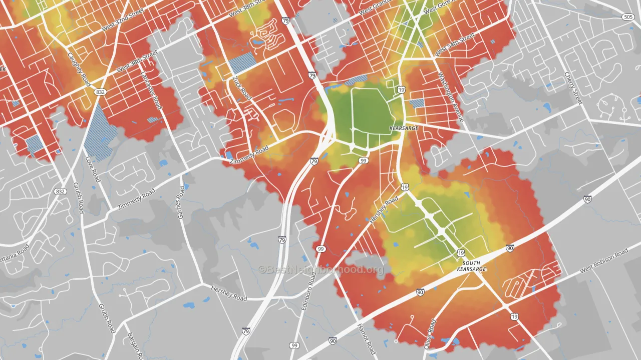 Walk Grade map of Kearsarge, PA, walkable areas in green and car-dependent areas in red