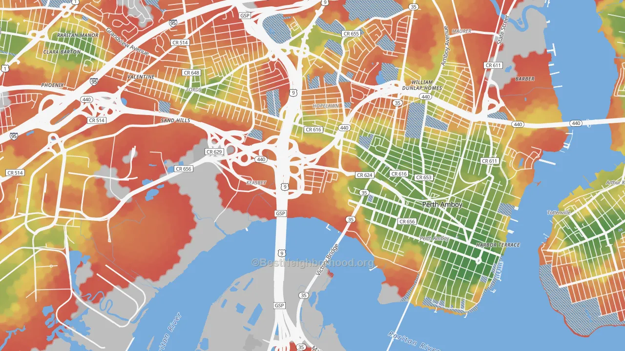 Walk Grade map of Keasbey, NJ, walkable areas in green and car-dependent areas in red