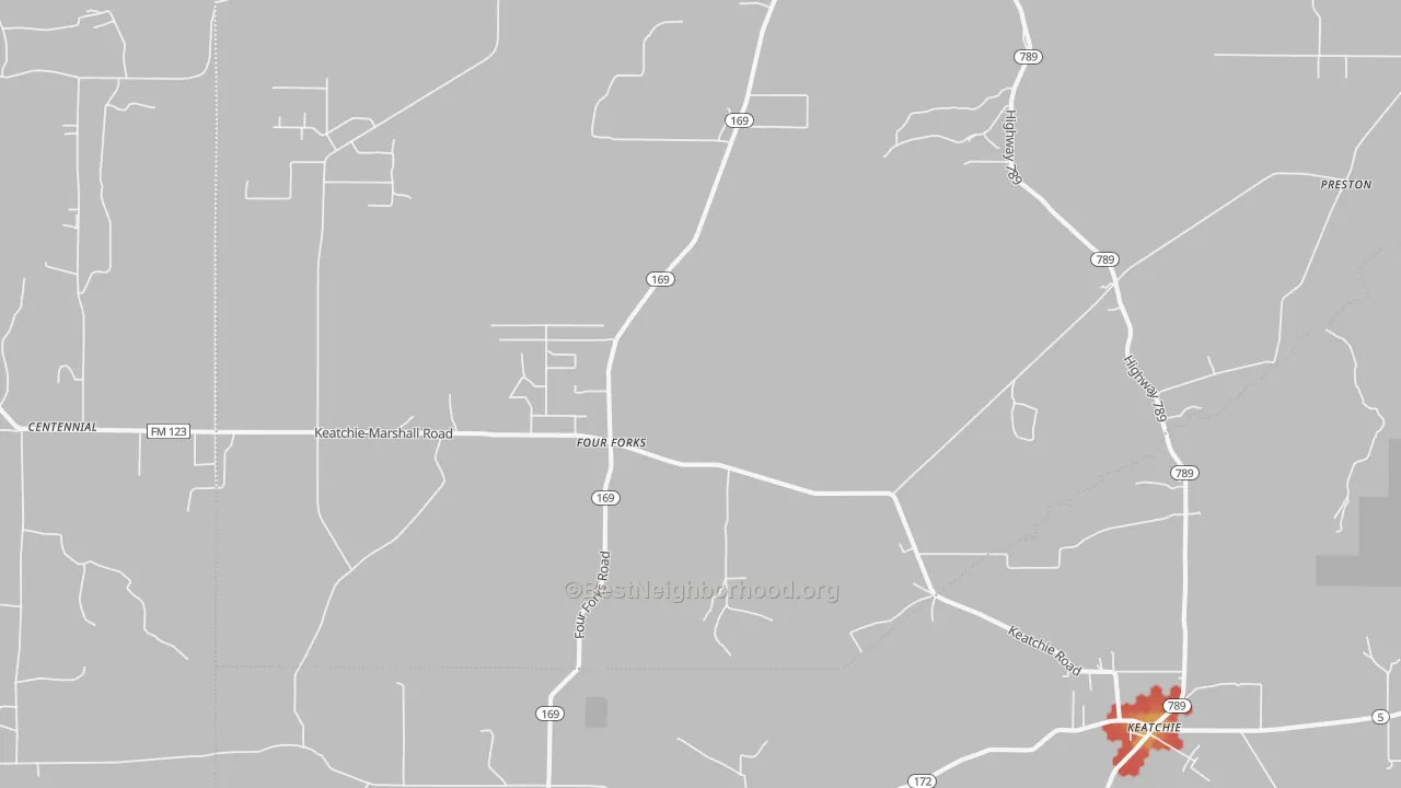 Walk Grade map of Keatchie, LA, walkable areas in green and car-dependent areas in red