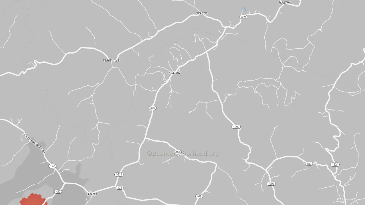 Walk Grade map of Keaton, KY, walkable areas in green and car-dependent areas in red