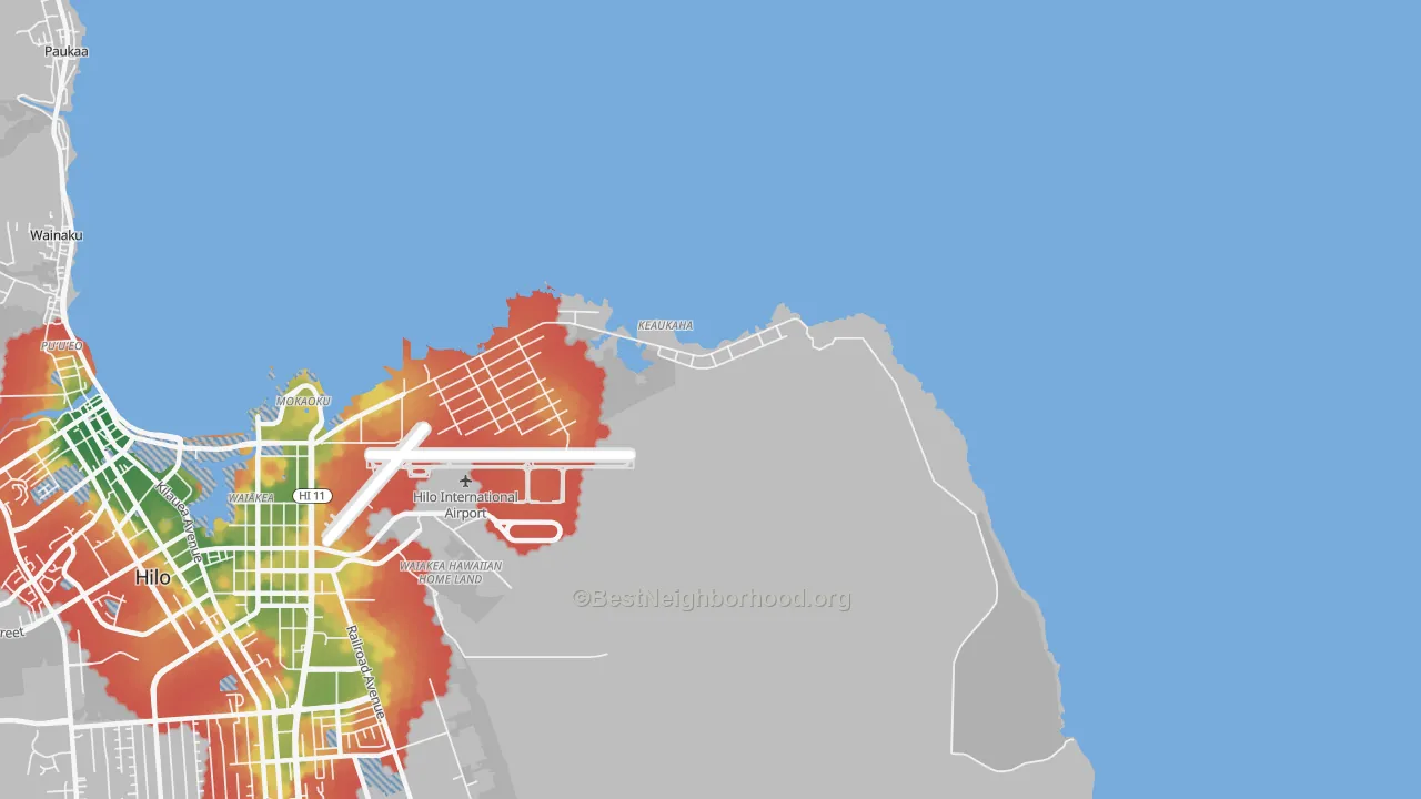 Walk Grade map of Keaukaha, HI, walkable areas in green and car-dependent areas in red