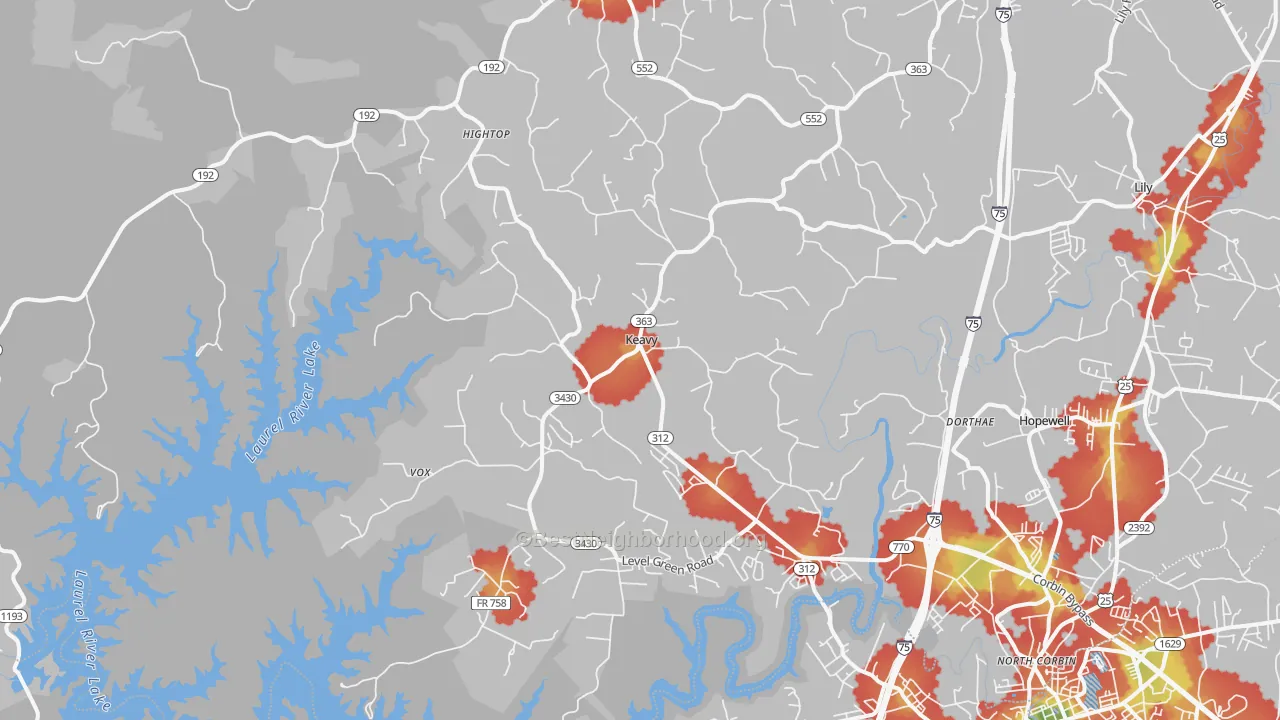 Walk Grade map of Keavy, KY, walkable areas in green and car-dependent areas in red