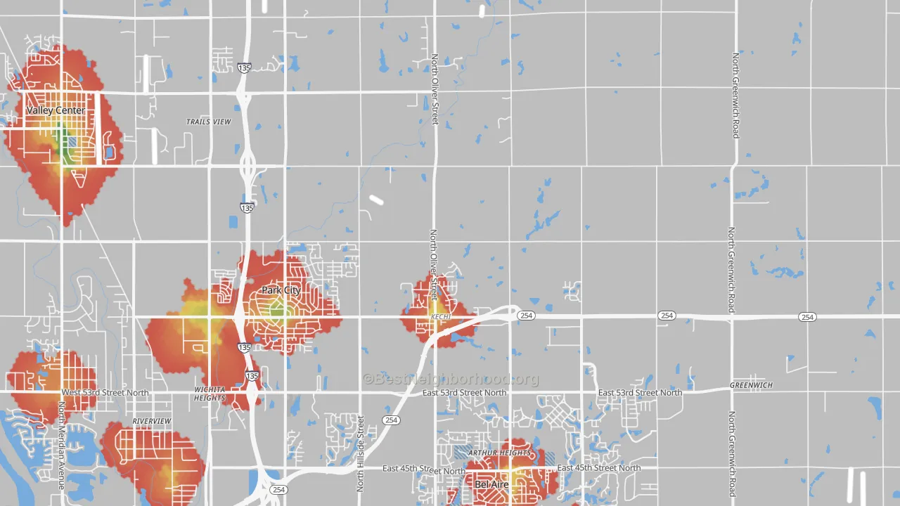 Walk Grade map of Kechi, KS, walkable areas in green and car-dependent areas in red