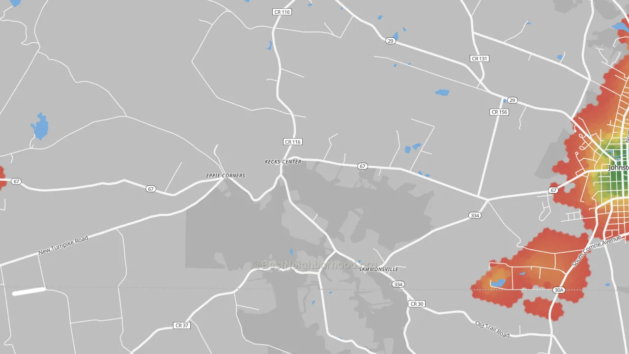 Walk Grade map of Kecks Center, NY, walkable areas in green and car-dependent areas in red