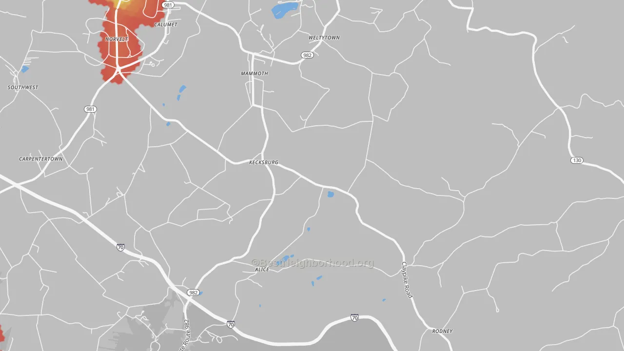 Walk Grade map of Kecksburg, PA, walkable areas in green and car-dependent areas in red
