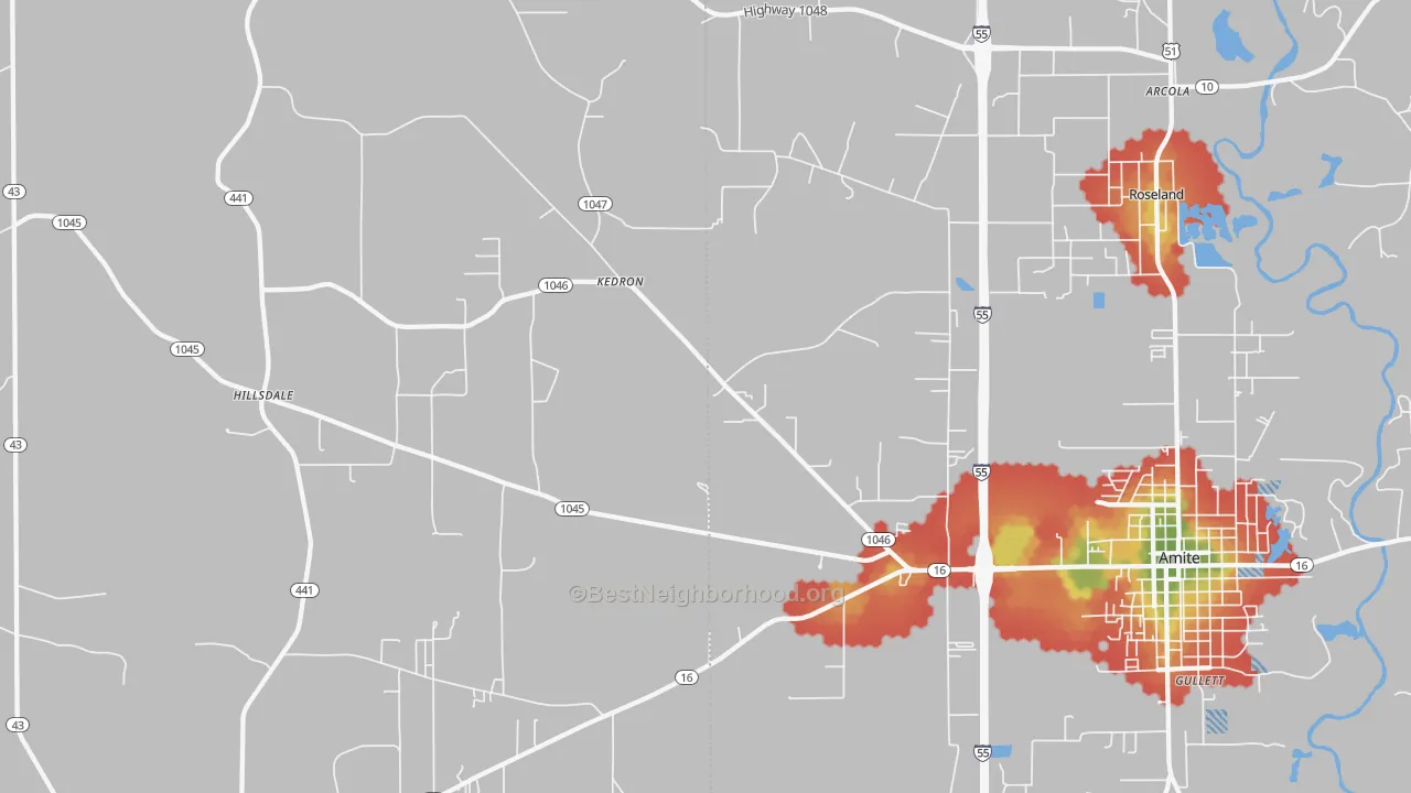Walk Grade map of Kedron, LA, walkable areas in green and car-dependent areas in red