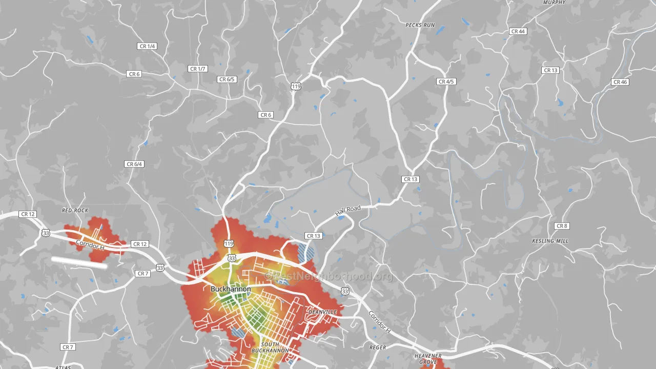 Walk Grade map of Kedron, WV, walkable areas in green and car-dependent areas in red