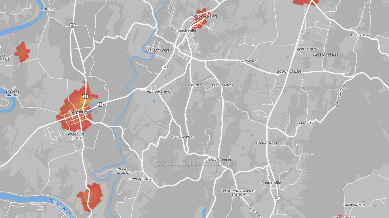 Walk Grade map of Keedysville, MD, walkable areas in green and car-dependent areas in red