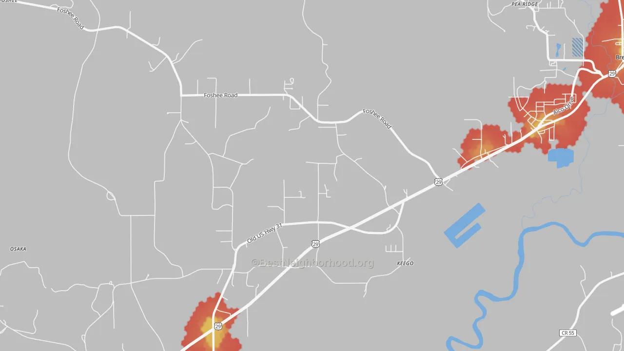 Walk Grade map of Keego, AL, walkable areas in green and car-dependent areas in red