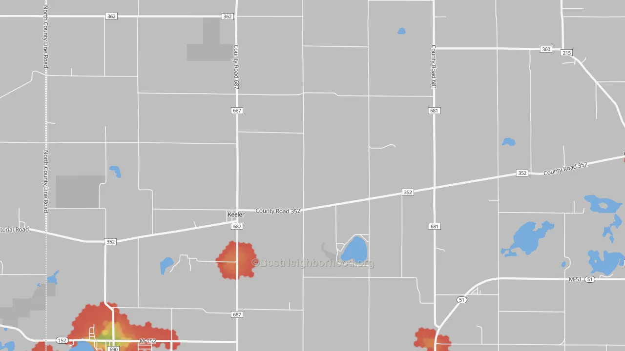 Walk Grade map of Keeler, MI, walkable areas in green and car-dependent areas in red