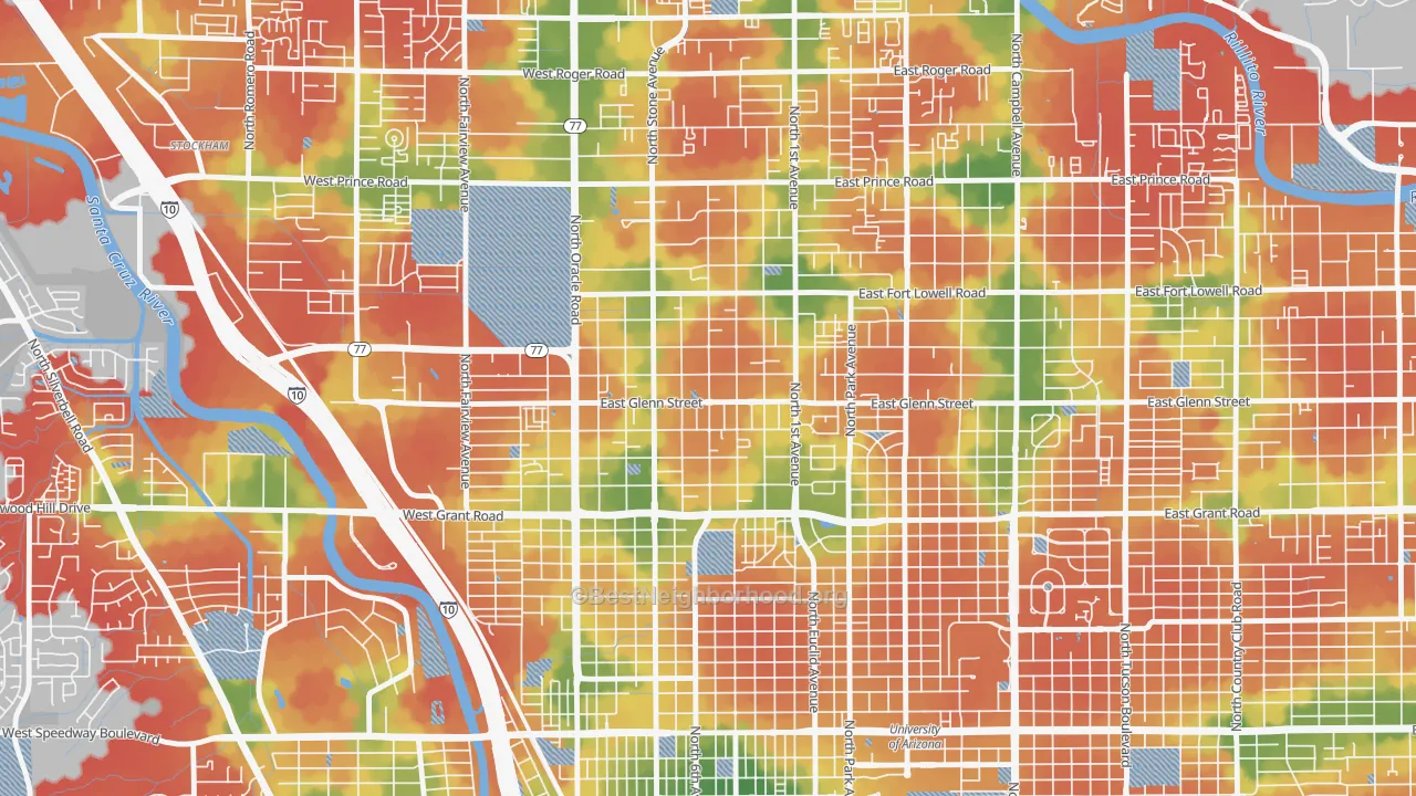 Walk Grade map of Keeling, Tucson, AZ, walkable areas in green and car-dependent areas in red