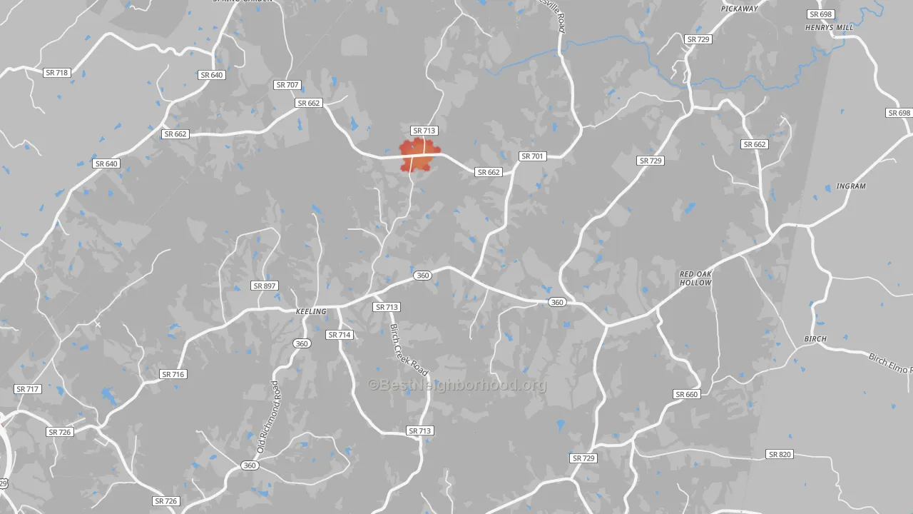 Walk Grade map of Keeling, VA, walkable areas in green and car-dependent areas in red