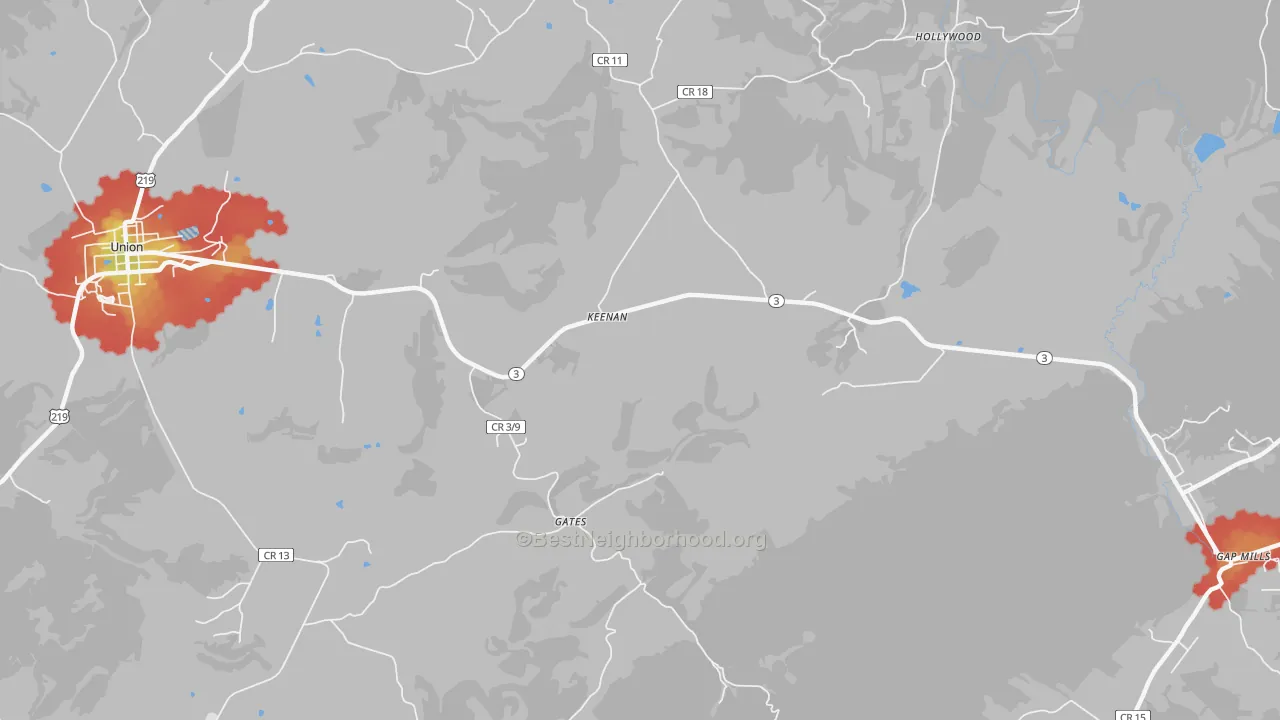 Walk Grade map of Keenan, WV, walkable areas in green and car-dependent areas in red