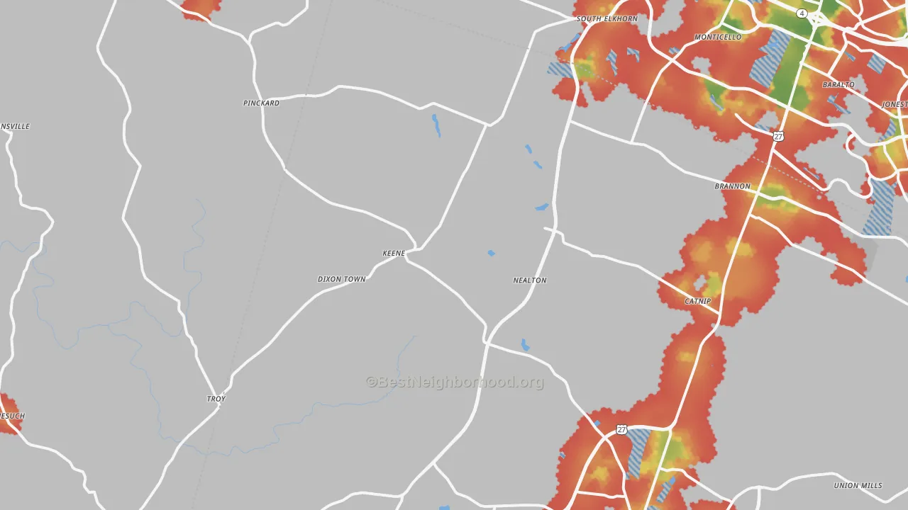 Walk Grade map of Keene, KY, walkable areas in green and car-dependent areas in red