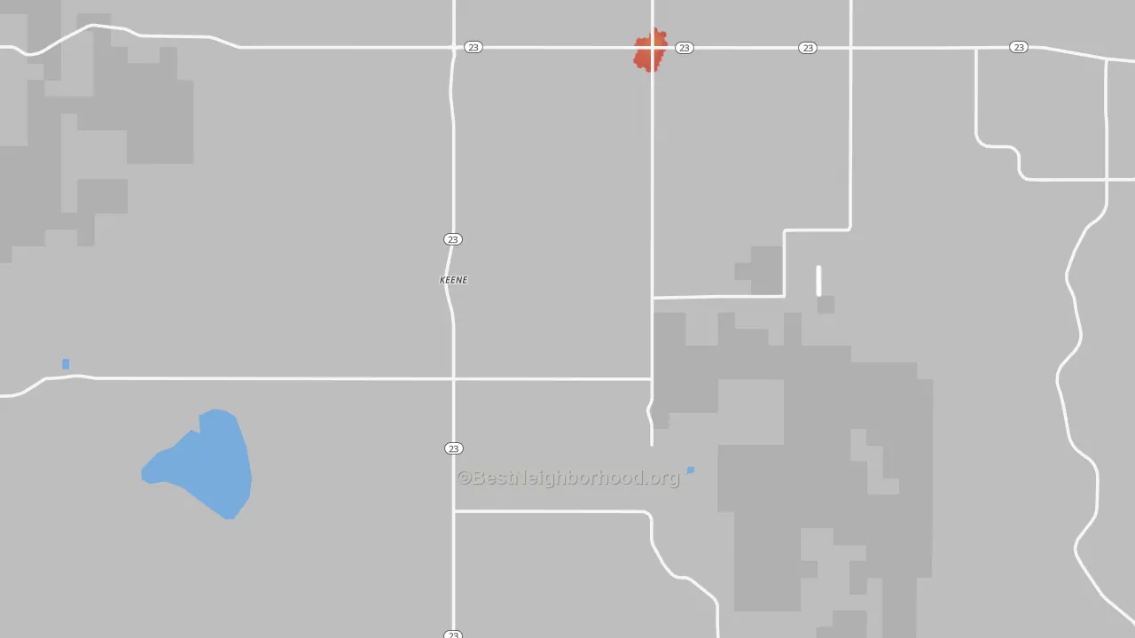 Walk Grade map of Keene, ND, walkable areas in green and car-dependent areas in red