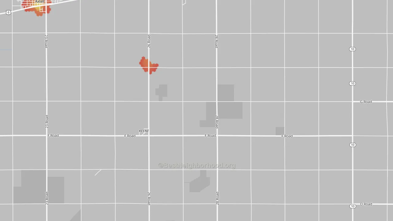 Walk Grade map of Keene, NE, walkable areas in green and car-dependent areas in red