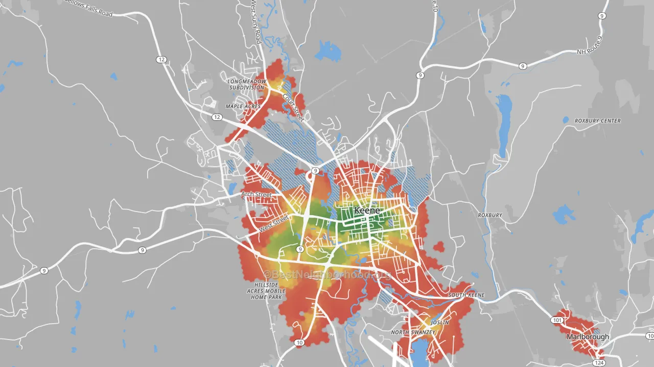 Walk Grade map of Keene, NH, walkable areas in green and car-dependent areas in red
