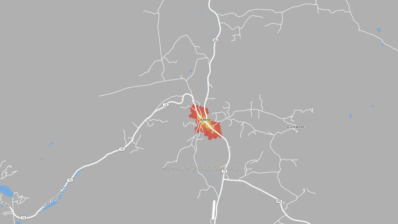 Walk Grade map of Keene, NY, walkable areas in green and car-dependent areas in red