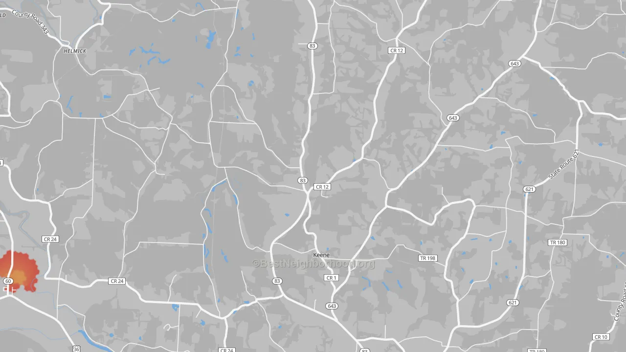 Walk Grade map of Keene, OH, walkable areas in green and car-dependent areas in red