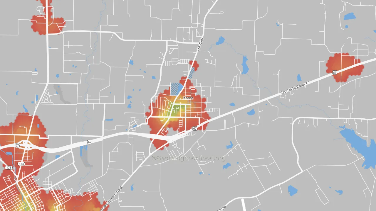 Walk Grade map of Keene, TX, walkable areas in green and car-dependent areas in red